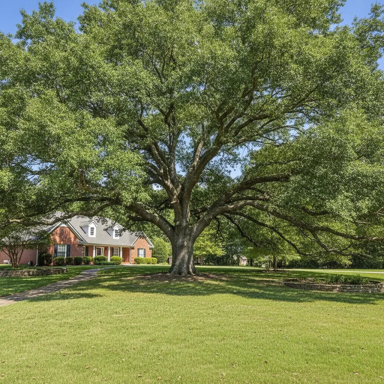 A large, healthy, mature oak with a broad canopy over a suburban lawn