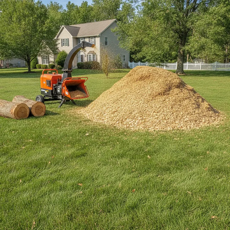 A wood chipper and a pile of fresh chips on a clean suburban lawn