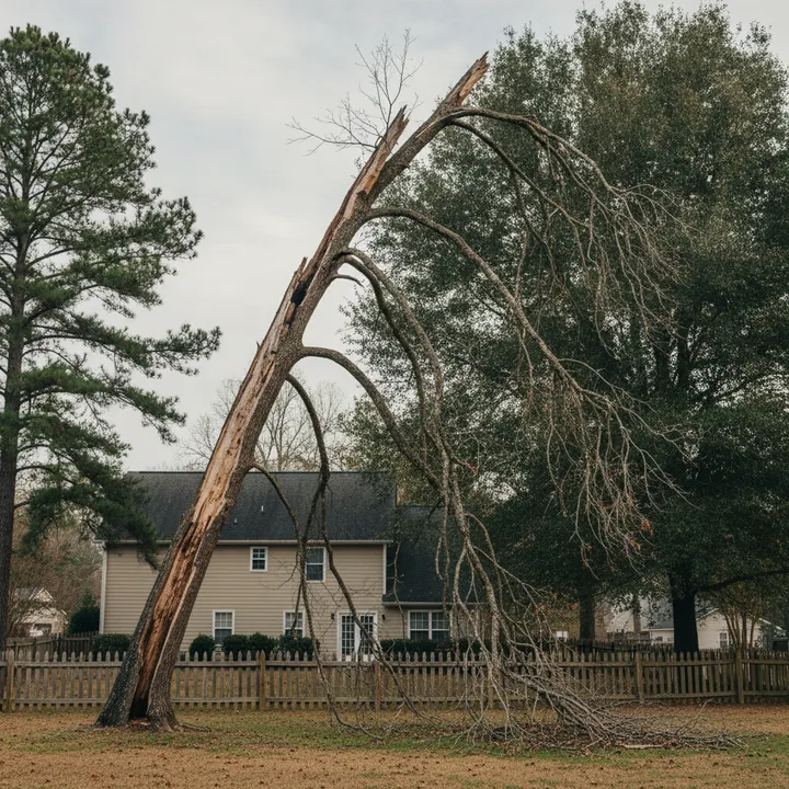 A large dead hardwood leaning toward a suburban Georgia house, its bare limbs broken and hanging over the roofline